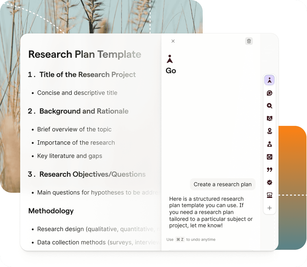 Grammarly helping with a blank page research plan template